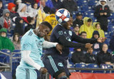 Jalil Anibaba (3), Derrick Etienne (7) during N.E. Revolution and New York Red Bulls MLS match at Gillette Stadium in Foxboro, MA on Saturday, April 20, 2019. Revs won 1-0. CREDIT/ CHRIS ADUAMA