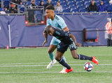 Juan Agudelo (17), Bradley Wright-Phillips (99) during N.E. Revolution and New York Red Bulls MLS match at Gillette Stadium in Foxboro, MA on Saturday, April 20, 2019. Revs won 1-0. CREDIT/ CHRIS ADUAMA