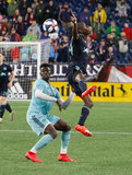 Jalil Anibaba (3), Bradley Wright-Phillips (99) during N.E. Revolution and New York Red Bulls MLS match at Gillette Stadium in Foxboro, MA on Saturday, April 20, 2019. Revs won 1-0. CREDIT/ CHRIS ADUAMA