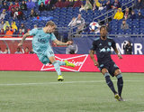 Diego Fagundez (14), Kyle Duncan (6) during N.E. Revolution and New York Red Bulls MLS match at Gillette Stadium in Foxboro, MA on Saturday, April 20, 2019. Revs won 1-0. CREDIT/ CHRIS ADUAMA