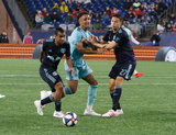 Cristian Casseres Jr (23), Juan Agudelo (17) during N.E. Revolution and New York Red Bulls MLS match at Gillette Stadium in Foxboro, MA on Saturday, April 20, 2019. Revs won 1-0. CREDIT/ CHRIS ADUAMA