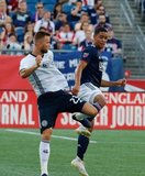 Kacper Przybylko (23), Brandon Bye (15) during New England Revolution and Philadelphia Union MLS match at Gillette Stadium in Foxboro, MA on Wednesday, June 26, 2019. The match ended in 1-1 tie. CREDIT/CHRIS ADUAMA