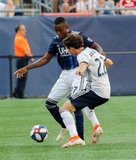 Brenden Aaronson (22), Luis Caicedo (27) during New England Revolution and Philadelphia Union MLS match at Gillette Stadium in Foxboro, MA on Wednesday, June 26, 2019. The match ended in 1-1 tie. CREDIT/CHRIS ADUAMA