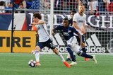 Brenden Aaronson (22), Luis Caicedo (27) during New England Revolution and Philadelphia Union MLS match at Gillette Stadium in Foxboro, MA on Wednesday, June 26, 2019. The match ended in 1-1 tie. CREDIT/CHRIS ADUAMA