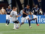 Juan Agudelo (17), Kai Wagner (27) during New England Revolution and Philadelphia Union MLS match at Gillette Stadium in Foxboro, MA on Wednesday, June 26, 2019. The match ended in 1-1 tie. CREDIT/CHRIS ADUAMA