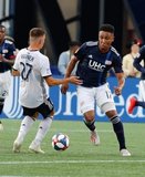 Juan Agudelo (17), Kai Wagner (27) during New England Revolution and Philadelphia Union MLS match at Gillette Stadium in Foxboro, MA on Wednesday, June 26, 2019. The match ended in 1-1 tie. CREDIT/CHRIS ADUAMA