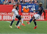 Brenden Aaronson (22), Wilfried Zahibo (23) during New England Revolution and Philadelphia Union MLS match at Gillette Stadium in Foxboro, MA on Wednesday, June 26, 2019. The match ended in 1-1 tie. CREDIT/CHRIS ADUAMA