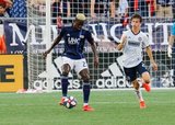 Wilfried Zahibo (23), Brenden Aaronson (22) during New England Revolution and Philadelphia Union MLS match at Gillette Stadium in Foxboro, MA on Wednesday, June 26, 2019. The match ended in 1-1 tie. CREDIT/CHRIS ADUAMA