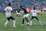 Auston Trusty (26), Juan Agudelo (17), Jamiro Monteiro (35) during New England Revolution and Philadelphia Union MLS match at Gillette Stadium in Foxboro, MA on Wednesday, June 26, 2019. The match ended in 1-1 tie. CREDIT/CHRIS ADUAMA