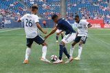 Auston Trusty (26), Juan Agudelo (17), Jamiro Monteiro (35) during New England Revolution and Philadelphia Union MLS match at Gillette Stadium in Foxboro, MA on Wednesday, June 26, 2019. The match ended in 1-1 tie. CREDIT/CHRIS ADUAMA