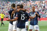 Revs Goal Celebration during New England Revolution and Philadelphia Union MLS match at Gillette Stadium in Foxboro, MA on Wednesday, June 26, 2019. The match ended in 1-1 tie. CREDIT/CHRIS ADUAMA