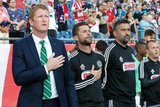 Coach Jim Curtin, Pat Noonan during New England Revolution and Philadelphia Union MLS match at Gillette Stadium in Foxboro, MA on Wednesday, June 26, 2019. The match ended in 1-1 tie. CREDIT/CHRIS ADUAMA