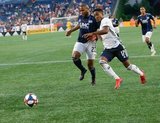 Andrew Farrell (2), Sergio Santos (17) during New England Revolution and Philadelphia Union MLS match at Gillette Stadium in Foxboro, MA on Wednesday, June 26, 2019. The match ended in 1-1 tie. CREDIT/CHRIS ADUAMA