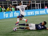 Fabrice-Jean Picault (9), Juan Agudelo (17) during New England Revolution and Philadelphia Union MLS match at Gillette Stadium in Foxboro, MA on Wednesday, June 26, 2019. The match ended in 1-1 tie. CREDIT/CHRIS ADUAMA