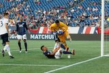 Juan Agudelo (17), Matt Freese (1) GK during New England Revolution and Philadelphia Union MLS match at Gillette Stadium in Foxboro, MA on Wednesday, June 26, 2019. The match ended in 1-1 tie. CREDIT/CHRIS ADUAMA