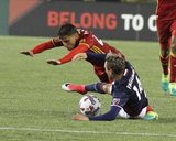 Diego Fagundez (14) and Jose Hernandez (29) during Revolution and Real Salt Lake MLS match at Gillette Stadium in Foxboro, MA on Saturday, May 13, 2017. Revs won 4-0. CREDIT/ CHRIS ADUAMA.