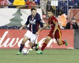 Kelyn Rowe (11) and Ricardo Velazco (22) during Revolution and Real Salt Lake MLS match at Gillette Stadium in Foxboro, MA on Saturday, May 13, 2017. Revs won 4-0. CREDIT/ CHRIS ADUAMA.