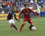 Diego Fagundez (14) and Luis Silva (20) during Revolution and Real Salt Lake MLS match at Gillette Stadium in Foxboro, MA on Saturday, May 13, 2017. Revs won 4-0. CREDIT/ CHRIS ADUAMA.