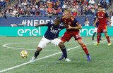 Erik  Holt (20), Juan Fernando Caicedo (9) during New England Revolution and Real Salt Lake MLS match at Gillette Stadium in Foxboro, MA on Saturday, September 21, 2019. The match ended 0-0 tie. CREDIT/CHRIS ADUAMA.
