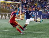Brooks Lennon (12), Brandon Bye (15) during New England Revolution and Real Salt Lake MLS match at Gillette Stadium in Foxboro, MA on Saturday, September 21, 2019. The match ended 0-0 tie. CREDIT/CHRIS ADUAMA.
