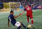 Brandon Bye (15), Brooks Lennon (12) during New England Revolution and Real Salt Lake MLS match at Gillette Stadium in Foxboro, MA on Saturday, September 21, 2019. The match ended 0-0 tie. CREDIT/CHRIS ADUAMA.