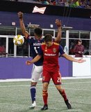 Juan Agudelo (17), Tate Schmitt (21) during New England Revolution and Real Salt Lake MLS match at Gillette Stadium in Foxboro, MA on Saturday, September 21, 2019. The match ended 0-0 tie. CREDIT/CHRIS ADUAMA.