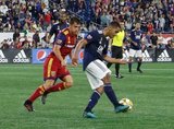 Tate Schmitt (21), Brandon Bye (15) during New England Revolution and Real Salt Lake MLS match at Gillette Stadium in Foxboro, MA on Saturday, September 21, 2019. The match ended 0-0 tie. CREDIT/CHRIS ADUAMA.