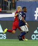 Kelyn Rowe (6), Cristian Penilla (70) during New England Revolution and Real Salt Lake MLS match at Gillette Stadium in Foxboro, MA on Saturday, September 21, 2019. The match ended 0-0 tie. CREDIT/CHRIS ADUAMA.