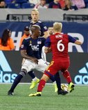 Luis Caicedo (27), Kelyn Rowe (6) during New England Revolution and Real Salt Lake MLS match at Gillette Stadium in Foxboro, MA on Saturday, September 21, 2019. The match ended 0-0 tie. CREDIT/CHRIS ADUAMA.