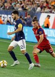 Brooks Lennon (12), Carles Gil (22) during New England Revolution and Real Salt Lake MLS match at Gillette Stadium in Foxboro, MA on Saturday, September 21, 2019. The match ended 0-0 tie. CREDIT/CHRIS ADUAMA.