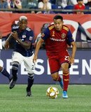 Luis Caicedo (27), Sebastian Saucedo (23) during New England Revolution and Real Salt Lake MLS match at Gillette Stadium in Foxboro, MA on Saturday, September 21, 2019. The match ended 0-0 tie. CREDIT/CHRIS ADUAMA.