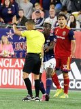 Wilfried Zahibo (23), Ref. Armando Villarreal during New England Revolution and Real Salt Lake MLS match at Gillette Stadium in Foxboro, MA on Saturday, September 21, 2019. The match ended 0-0 tie. CREDIT/CHRIS ADUAMA.