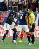 Wilfried Zahibo (23), Ref. Armando Villarreal during New England Revolution and Real Salt Lake MLS match at Gillette Stadium in Foxboro, MA on Saturday, September 21, 2019. The match ended 0-0 tie. CREDIT/CHRIS ADUAMA.
