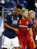 Juan Agudelo (17), Kelyn Rowe (6) during New England Revolution and Real Salt Lake MLS match at Gillette Stadium in Foxboro, MA on Saturday, September 21, 2019. The match ended 0-0 tie. CREDIT/CHRIS ADUAMA.