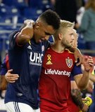 Juan Agudelo (17), Kelyn Rowe (6) during New England Revolution and Real Salt Lake MLS match at Gillette Stadium in Foxboro, MA on Saturday, September 21, 2019. The match ended 0-0 tie. CREDIT/CHRIS ADUAMA.