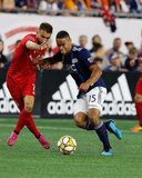 Nicolas Benezet (7), Brandon Bye (15) during New England Revolution and Toronto FC MLS match at Gillette Stadium in Foxboro, MA on Saturday, August 31, 2019. The match ended in 1-1 tie. CREDIT/ CHRIS ADUAMA