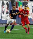 Brandon Bye (15), Nicolas Benezet (7), during New England Revolution and Toronto FC MLS match at Gillette Stadium in Foxboro, MA on Saturday, August 31, 2019. The match ended in 1-1 tie. CREDIT/ CHRIS ADUAMA