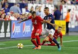 Auro (96), Brandon Bye (15) during New England Revolution and Toronto FC MLS match at Gillette Stadium in Foxboro, MA on Saturday, August 31, 2019. The match ended in 1-1 tie. CREDIT/ CHRIS ADUAMA