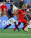 Nick DeLeon (18), DeJuan Jones (24) during New England Revolution and Toronto FC MLS match at Gillette Stadium in Foxboro, MA on Saturday, August 31, 2019. The match ended in 1-1 tie. CREDIT/ CHRIS ADUAMA