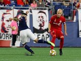 Gustavo Bou (7), Michael Bradley (4) during New England Revolution and Toronto FC MLS match at Gillette Stadium in Foxboro, MA on Saturday, August 31, 2019. The match ended in 1-1 tie. CREDIT/ CHRIS ADUAMA