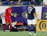 Omar Gonzalez (44), Gustavo Bou (7) during New England Revolution and Toronto FC MLS match at Gillette Stadium in Foxboro, MA on Saturday, August 31, 2019. The match ended in 1-1 tie. CREDIT/ CHRIS ADUAMA