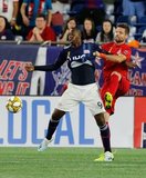 Juan Fernando Caicedo (9), Drew Moor (3) during New England Revolution and Toronto FC MLS match at Gillette Stadium in Foxboro, MA on Saturday, August 31, 2019. The match ended in 1-1 tie. CREDIT/ CHRIS ADUAMA