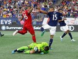 Quentin Westberg (16) -GK, Brandon Bye (15) during New England Revolution and Toronto FC MLS match at Gillette Stadium in Foxboro, MA on Saturday, August 31, 2019. The match ended in 1-1 tie. CREDIT/ CHRIS ADUAMA