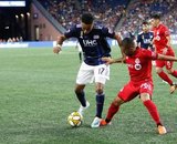 Juan Agudelo (17), Auro (96) during New England Revolution and Toronto FC MLS match at Gillette Stadium in Foxboro, MA on Saturday, August 31, 2019. The match ended in 1-1 tie. CREDIT/ CHRIS ADUAMA