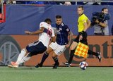 Gustavo Bou (7), Derek Cornelius (13) during New England Revolution and Vancouver Whitecaps FC MLS match at Gillette Stadium in Foxboro, MA on Wednesday, July 17, 2019.  Revs won 4-0. CREDIT/CHRIS ADUAMA