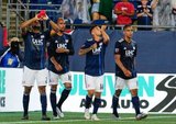 Diego Fagundez (14) goal celebration during New England Revolution and Vancouver Whitecaps FC MLS match at Gillette Stadium in Foxboro, MA on Wednesday, July 17, 2019.  Revs won 4-0. CREDIT/CHRIS ADUAMA