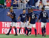 Carles Gil (22) goal celebration during New England Revolution and Vancouver Whitecaps FC MLS match at Gillette Stadium in Foxboro, MA on Wednesday, July 17, 2019.  Revs won 4-0. CREDIT/CHRIS ADUAMA